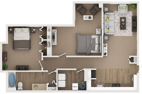 1 bed 1 bath 1100sf 3D floor plan at Cardiff Hall Apartments, Towson MD